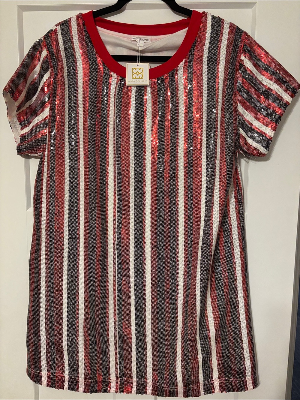 Julia Dress - Sequin Striped Short-Sleeved in Red, White & Black